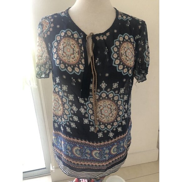 Tantrums Womens Blouse Multicolor Short Sleeve  Boho Size M - Picture 1 of 7